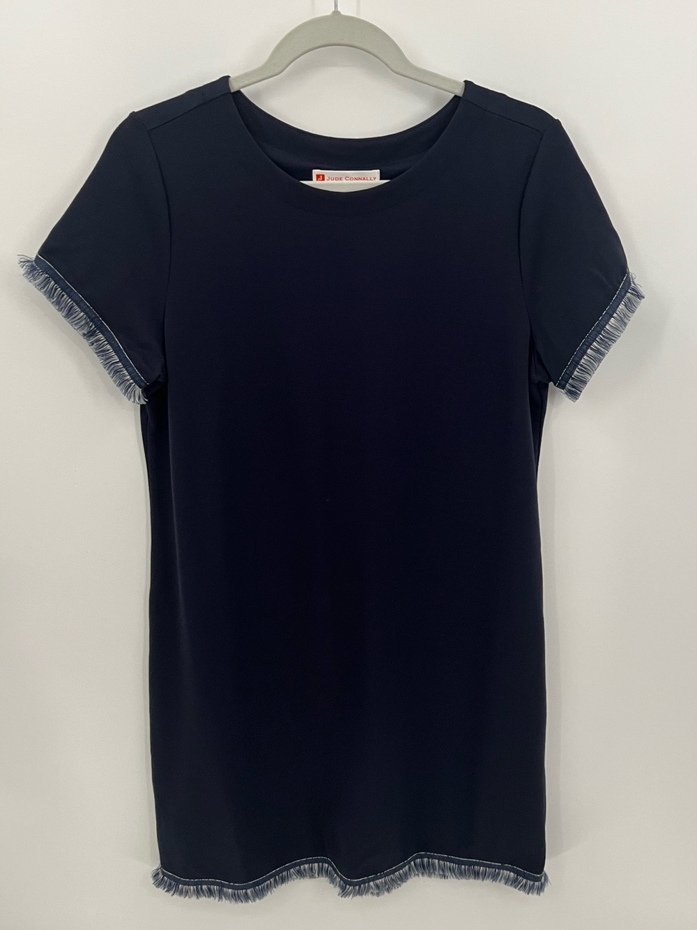 Jude Connally Ella ponte knit blue fringe trim Short Sleeve Dress